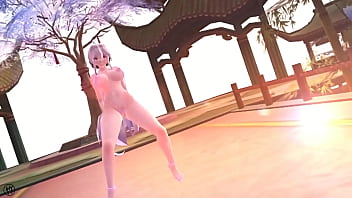 Chica de cabello blanco bailando en bikini rosa y