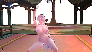 Chica de cabello blanco bailando en bikini rosa y