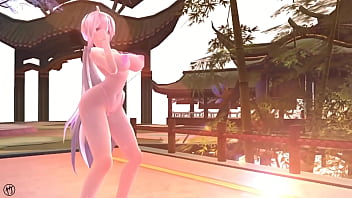 Chica de cabello blanco bailando en bikini rosa y