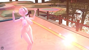 Chica de cabello blanco bailando en bikini rosa y