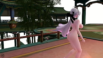 Chica de cabello blanco bailando en bikini rosa y