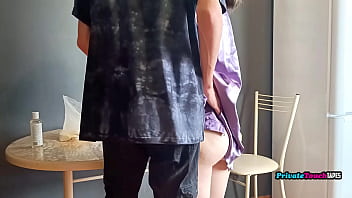 Fucking in the kitchen while russian stepsister cooking in dress sexy robe