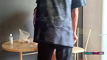 Fucking in the kitchen while russian stepsister cooking in dress sexy robe