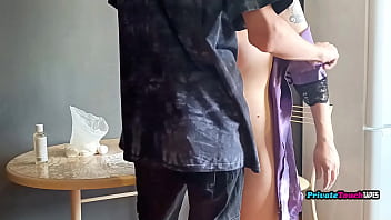 Fucking in the kitchen while russian stepsister cooking in dress sexy robe