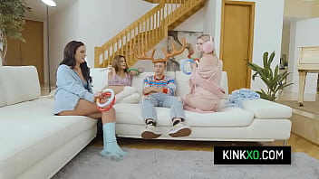 Three girls are completely naked and ready to show their male roommate what they can do to his cock