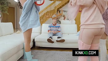 Three girls are completely naked and ready to show their male roommate what they can do to his cock