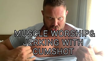 Sweaty after gym muscle worship with jerking and huge cumshot