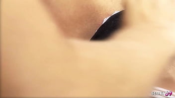 Blonde cougar boss in red lingerie seduce black hair teen maid to her first lesbian sex at work when her husband is away