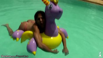 Cheerful Teen Shemale Shows Off Sexy Ass In Thongs Poolside thumbnail