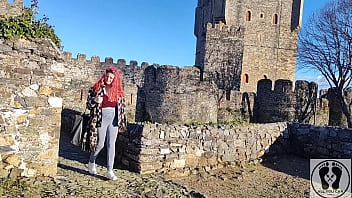 Outdoor public bj cum in mouth boobs bouncing in a castle