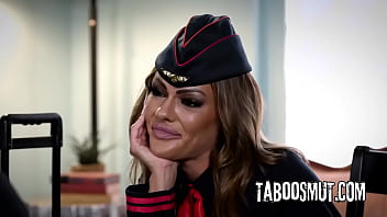 Slutty flight attendant fucks a stranger while his wife is on the phone