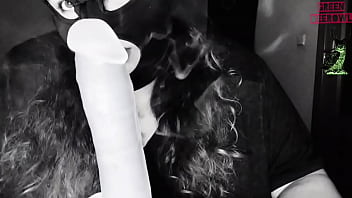 Greendeerowl puts on a mask and plays with and a dildo