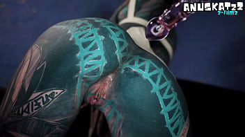 Latex tattoo girl's anal masturbation squirt and metal toy