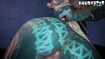 Latex tattoo girl's anal masturbation squirt and metal toy
