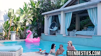 Poolside lesbian oral with three gorgeous besties