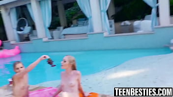 Poolside lesbian oral with three gorgeous besties