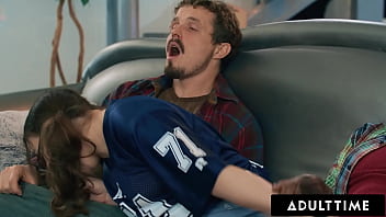 Hot babe has sneaky sex with 2 studs