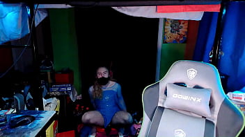 Caged Femboy In Snow Queen Dress Rides Her Pink Dildo thumbnail