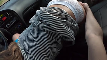 Girlfriend with big ass sucks cock and fucks in the car in different poses without taking off her white sexy panties amateur couple pov