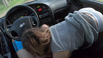 Girlfriend with big ass sucks cock and fucks in the car in different poses without taking off her white sexy panties amateur couple pov
