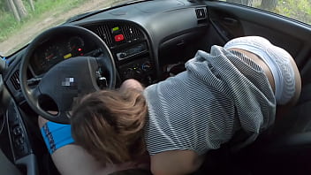 Girlfriend with big ass sucks cock and fucks in the car in different poses without taking off her white sexy panties amateur couple pov