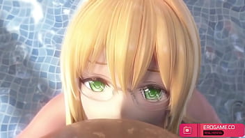 Cute girl with white bikini makes you cummed in swimming pool