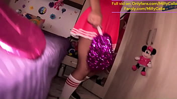 In my pink cheerleader outfit i teased myself on a bed full of plush toys then got taken from behind and made the wette