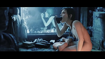 Sucking a dildo while sitting down