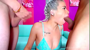 Blonde gives super blowjobs to two studs with big cocks