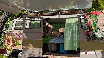 Psychedelic roadside sex vibes in a painted van sloppy blowjob reverse cowgirl missipnary & cumshot