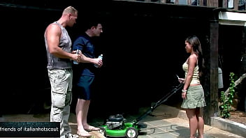 Gorgeous oriental brunette double penetration in the garden