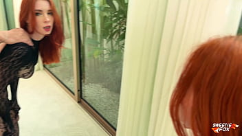 Redhead beauty in fishnet bodystocking passionate fucking on the floor till cum on ass sweetie fox