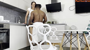 Sexy brunette karina gets pussy creampied in the kitchen from black lover