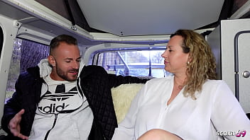German curvy mature wife with big natural tits kathy deep talk to casting fuck at bus at real street casting