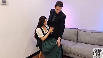 Ana spears jerks off her boss's dick cum on dirndl apron