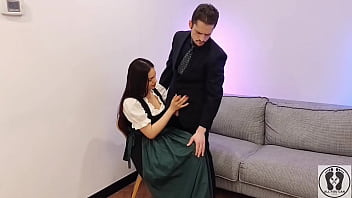 Ana spears jerks off her boss's dick cum on dirndl apron
