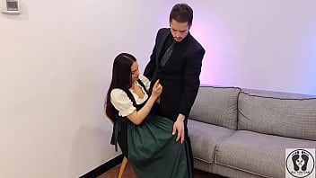 Ana spears jerks off her boss's dick cum on dirndl apron