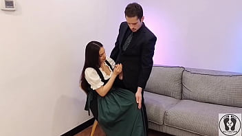 Ana spears jerks off her boss's dick cum on dirndl apron