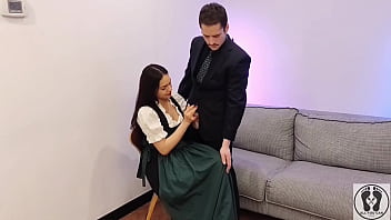 Ana spears jerks off her boss's dick cum on dirndl apron