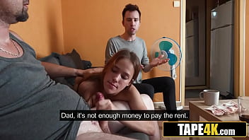 Petite brunette teen takes it from husband's dad for a stack of bills