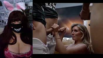 Redhead with big tits react a gang bang video #3