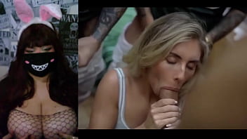 Redhead with big tits react a gang bang video #3