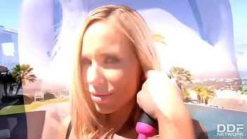 Sunny sexual sa busty blonde masturbates by the pool