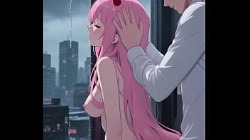 A beautiful woman with pink hair performing the reverse cowgirl position