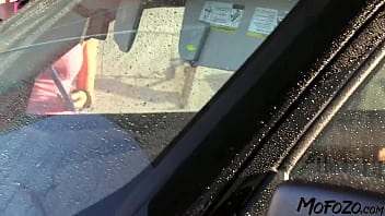 Black haired car washer gets a facial