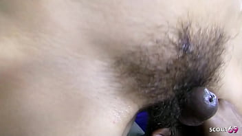 Skinny girl with hairy pussy and long labia at first time interracial sex with deep cum inside with creampie swallow