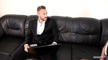 German slim secretary christy ley with glasses seduce to fuck and facial at job interview