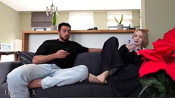 Horny blonde gets fucked hard on the couch while talking to her boyfriend