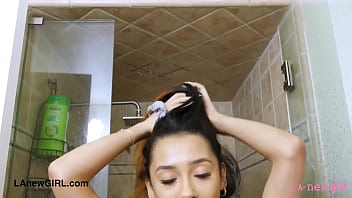 Fresh faced asian stunner enjoys a sensual bath