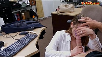 Foxy business lady selling her watch and railed by pawnkeeper